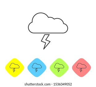 Grey line Storm icon isolated on white background. Cloud and lightning sign. Weather icon of storm. Set icons in color rhombus buttons. Vector Illustration