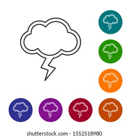 Grey line Storm icon isolated on white background. Cloud and lightning sign. Weather icon of storm. Set icons in color circle buttons. Vector Illustration
