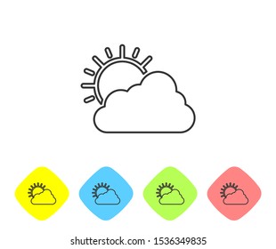Grey line Sun and cloud weather icon isolated on white background. Set icons in color rhombus buttons. Vector Illustration