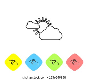 Grey line Sun and cloud weather icon isolated on white background. Set icons in color rhombus buttons. Vector Illustration