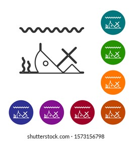 Grey line Sunken ship at the bottom of the sea icon isolated on white background. Set icons in color circle buttons. Vector Illustration