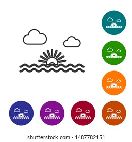 Grey line Sunset icon isolated on white background. Set icons in color circle buttons. Vector Illustration