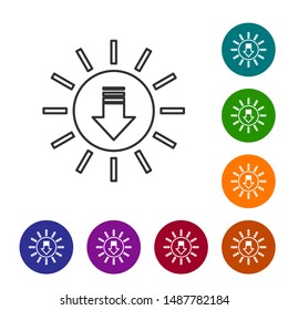 Grey line Sunset icon isolated on white background. Set icons in color circle buttons. Vector Illustration