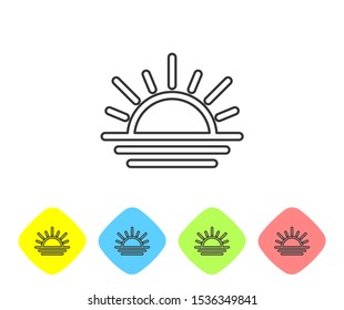 Grey line Sunset icon isolated on white background. Set icons in color rhombus buttons. Vector Illustration