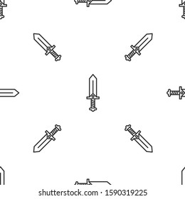 Grey line Sword for game icon isolated seamless pattern on white background.  Vector Illustration