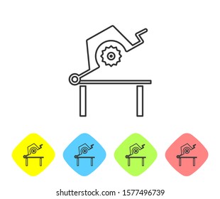 Grey Line Table Saw For Woodwork Icon Isolated On White Background. Power Saw Bench. Set Icons In Color Rhombus Buttons. Vector Illustration