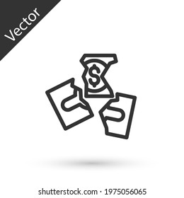 Grey line Tearing apart money banknote into three peaces icon isolated on white background. Vector