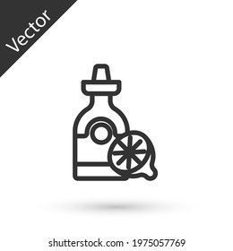 Grey line Tequila bottle with lemon icon isolated on white background. Mexican alcohol drink.  Vector