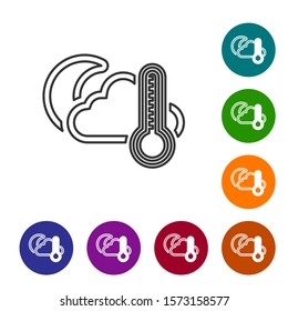 Grey line Thermometer and cloud with moon icon isolated on white background. Set icons in color circle buttons. Vector Illustration