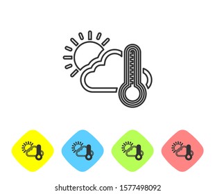Grey line Thermometer and cloud with sun icon isolated on white background. Set icons in color rhombus buttons. Vector Illustration