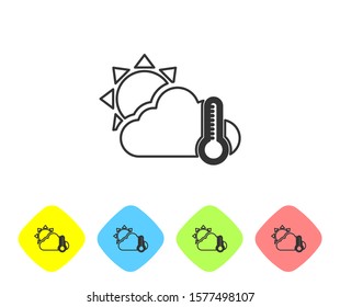 Grey line Thermometer and cloud with sun icon isolated on white background. Set icons in color rhombus buttons. Vector Illustration