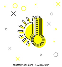 Grey line Thermometer with sun icon isolated on white background.  Vector Illustration