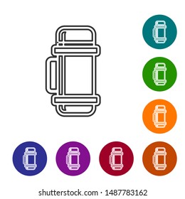 Grey line Thermos container icon isolated on white background. Thermo flask icon. Camping and hiking equipment. Set icons in color circle buttons. Vector Illustration