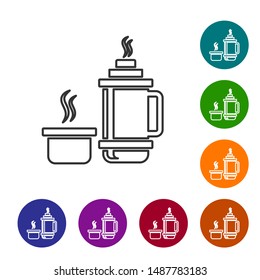 Grey line Thermos container icon isolated on white background. Thermo flask icon. Camping and hiking equipment. Set icons in color circle buttons. Vector Illustration