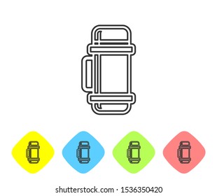 Grey line Thermos container icon isolated on white background. Thermo flask icon. Camping and hiking equipment. Set icons in color rhombus buttons. Vector Illustration