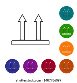 Grey line This side up icon on white background. Two arrows indicating top side of packaging. Cargo handled so these arrows always point up. Set icons in color circle buttons. Vector Illustration