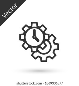 Icono de Gestión de tiempo de línea gris aislado en fondo blanco. Señal de reloj y marcha. Símbolo de productividad. Vector.
