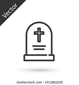 Grey line Tombstone with cross icon isolated on white background. Grave icon. Happy Halloween party. Vector.