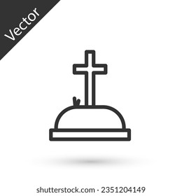 Grey line Tombstone with cross icon isolated on white background. Grave icon.  Vector Illustration