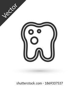 Grey line Tooth with caries icon isolated on white background. Tooth decay. Vector.