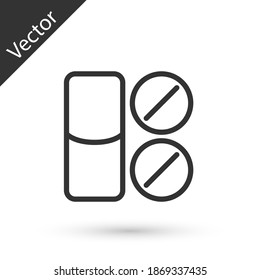 Línea gris Icono del comprimido analgésico de dolor de dientes aislado sobre fondo blanco. Medicina para el cuidado dental. Píldora de la cápsula y droga. Diseño de farmacia. Vector.