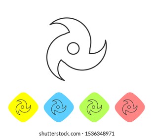 Grey line Tornado icon isolated on white background. Cyclone, whirlwind, storm funnel, hurricane wind or twister weather icon. Set icons in color rhombus buttons. Vector Illustration