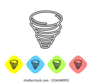 Grey line Tornado icon isolated on white background. Cyclone, whirlwind, storm funnel, hurricane wind or twister weather icon. Set icons in color rhombus buttons. Vector Illustration