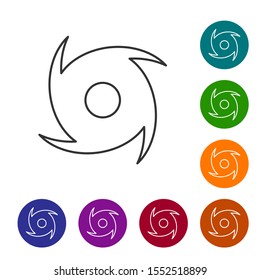 Grey line Tornado icon isolated on white background. Cyclone, whirlwind, storm funnel, hurricane wind or twister weather icon. Set icons in color circle buttons. Vector Illustration