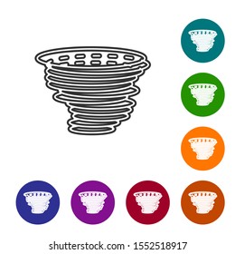 Grey line Tornado icon isolated on white background. Cyclone, whirlwind, storm funnel, hurricane wind or twister weather icon. Set icons in color circle buttons. Vector Illustration