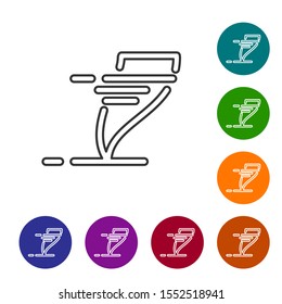Grey line Tornado icon isolated on white background. Cyclone, whirlwind, storm funnel, hurricane wind or twister weather icon. Set icons in color circle buttons. Vector Illustration