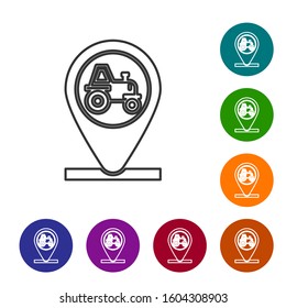Grey line Tractor and location icon isolated on white background. Set icons in color circle buttons. Vector Illustration