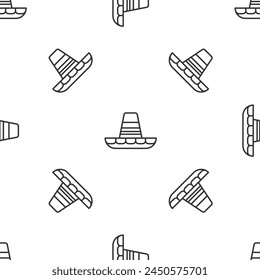 Grey line Traditional mexican sombrero hat icon isolated seamless pattern on white background.  Vector