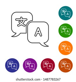 Grey line Translator icon isolated on white background. Foreign language conversation icons in chat speech bubble. Translating concept. Set icons in color circle buttons. Vector Illustration