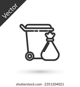 Grey line Trash can and garbage bag icon isolated on white background. Garbage bin sign. Recycle basket icon. Office trash icon.  Vector Illustration