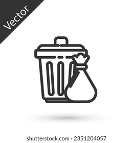 Grey line Trash can and garbage bag icon isolated on white background. Garbage bin sign. Recycle basket icon. Office trash icon.  Vector Illustration