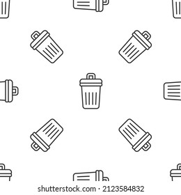 Grey line Trash can icon isolated seamless pattern on white background. Garbage bin sign. Recycle basket icon. Office trash icon.  Vector