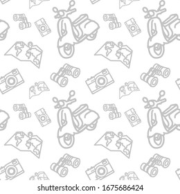 Grey line travel icons on white backdrop. Tourist stuff seamless pattern for wrap paper, sleeper, bath tile, wallpaper or bed linen. Phone case or cloth print. Cartoon style stock vector illustration