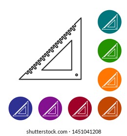 Grey line Triangular ruler icon isolated on white background. Straightedge symbol. Geometric symbol. Set icon in color circle buttons. Vector Illustration