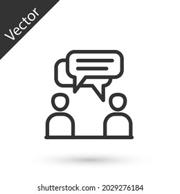 Graue Linie Zwei sitzende Männer sprechen Symbol einzeln auf weißem Hintergrund. Reden Sie Blase Chat. Nachrichtensymbol. Chat-Symbol für Kommunikation oder Kommentar.  Vektorgrafik