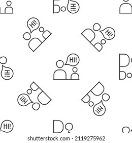 Línea gris Dos hombres sentados que hablan un icono aislado sin fisuras en el fondo blanco. Charla de burbuja de discursos. Icono de mensaje. Símbolo de chat de comunicación o comentario.  Vector