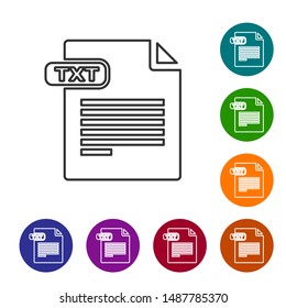 Grey line TXT file document. Download txt button icon isolated on white background. Text file extension symbol. Set icons in color circle buttons. Vector Illustration