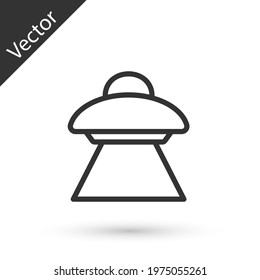 Grey line UFO flying spaceship icon isolated on white background. Flying saucer. Alien space ship. Futuristic unknown flying object. Vector