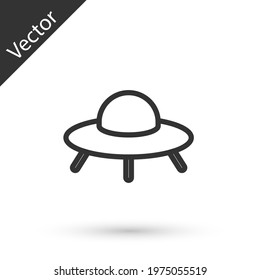 Grey line UFO flying spaceship icon isolated on white background. Flying saucer. Alien space ship. Futuristic unknown flying object. Vector