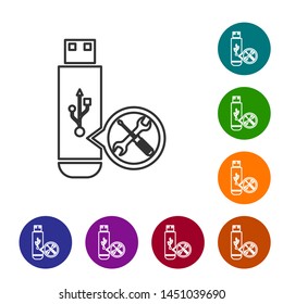 Grey line USB flash drive with screwdriver and wrench icon isolated on white background. Adjusting, service, setting, maintenance, repair, fixing. Set icon in color circle buttons. Vector Illustration