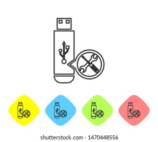 Grey line USB flash drive with screwdriver and wrench icon  on white background. Adjusting, service, setting, maintenance, repair, fixing. Set icon in color rhombus buttons. Vector Illustration