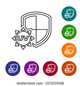 Grey line UV protection icon isolated on white background. Sun and shield. Ultra violet rays radiation. SPF sun sign. Set icons in color circle buttons. Vector Illustration