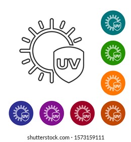 Grey line UV protection icon isolated on white background. Sun and shield. Ultra violet rays radiation. SPF sun sign. Set icons in color circle buttons. Vector Illustration