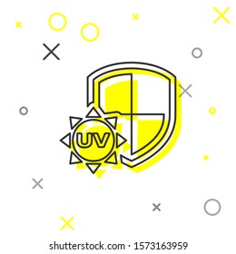 Grey line UV protection icon isolated on white background. Sun and shield. Ultra violet rays radiation. SPF sun sign.  Vector Illustration
