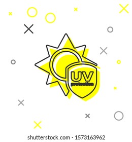 Grey line UV protection icon isolated on white background. Sun and shield. Ultra violet rays radiation. SPF sun sign.  Vector Illustration