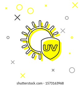 Grey line UV protection icon isolated on white background. Sun and shield. Ultra violet rays radiation. SPF sun sign.  Vector Illustration